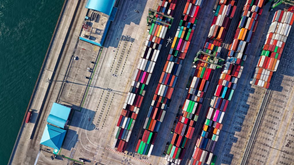 Aerial view of shipping containers.