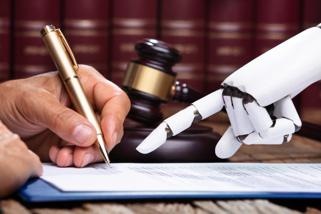 Robotic Hand Assisting Person For Signing Document Over Reflective Desk In The Courtroom